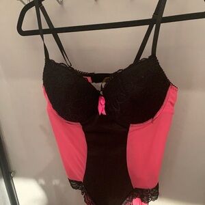 Elegant Black and Pink Lace Bodysuit
